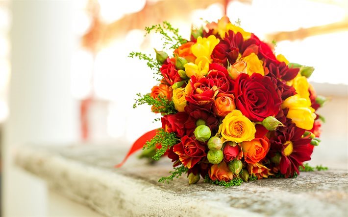 Wedding bouquet, red roses, yellow roses, beautiful flowers