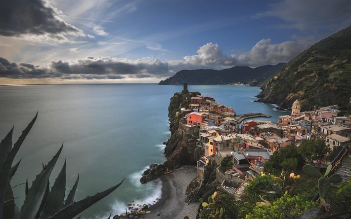 Cinque Terre, meri, illalla, rannikolla, V&#228;limeren, Vernazza, Italia, Ligurian Sea