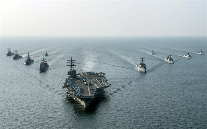 USS Ronald Reagan, CVN 76, American aircraft carrier, US Navy, South Korean Navy, sea, warships, destroyers