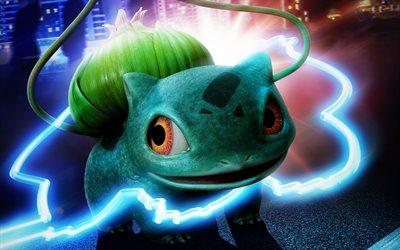 bulbasaur, 4k, pokemon detective pikachu, 2019 film, fan-kunst, karikatur-dinosaurier, detective pikachu