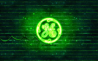 logotipo verde de general electric, 4k, pared de ladrillo verde, logotipo de general electric, marcas, logotipo de ne&#243;n de general electric, general electric