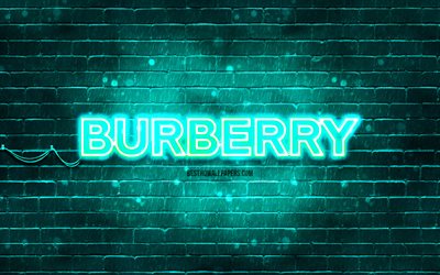 logotipo turquesa de burberry, 4k, pared de ladrillo turquesa, logotipo de burberry, marcas, logotipo de ne&#243;n de burberry, burberry