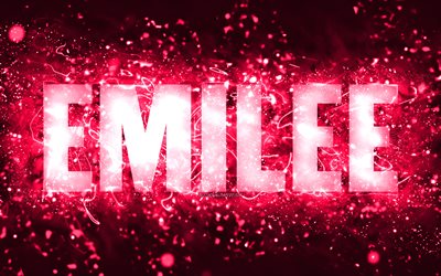 alles gute zum geburtstag emilee, 4k, rosa neonlichter, emilee-name, kreativ, emilee alles gute zum geburtstag, emilee-geburtstag, beliebte amerikanische weibliche namen, bild mit emilee-namen, emilee