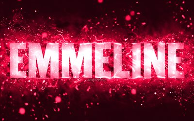 Happy Birthday Emmeline, 4k, pink neon lights, Emmeline name, creative, Emmeline Happy Birthday, Emmeline Birthday, popular american female names, picture with Emmeline name, Emmeline