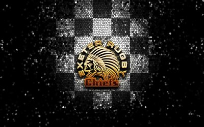 exeter chiefs, logo glitter, premiership rugby, sfondo bianco nero a scacchi, rugby, club di rugby inglese, logo exeter chiefs, arte del mosaico