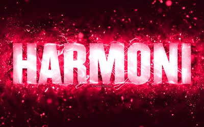Happy Birthday Harmoni, 4k, pink neon lights, Harmoni name, creative, Harmoni Happy Birthday, Harmoni Birthday, popular american female names, picture with Harmoni name, Harmoni