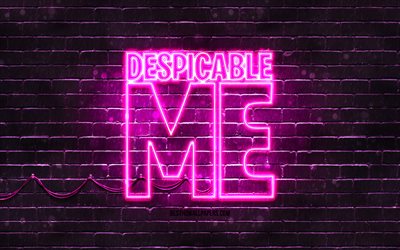 Despicable Me logo violet, 4k, mur de briques violet, logo Despicable Me, minions, Despicable Me n&#233;on logo, Despicable Me