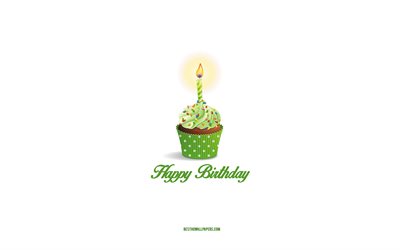 Joyeux anniversaire, 4k, g&#226;teau vert, carte de voeux joyeux anniversaire, mini art, concepts de joyeux anniversaire, fond blanc, g&#226;teau vert avec bougie