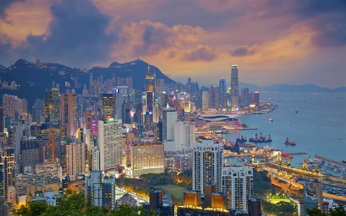 Victoria Harbour, Hong Kong, skyscrapers, city lights, city panorama, Victoria Peak, China