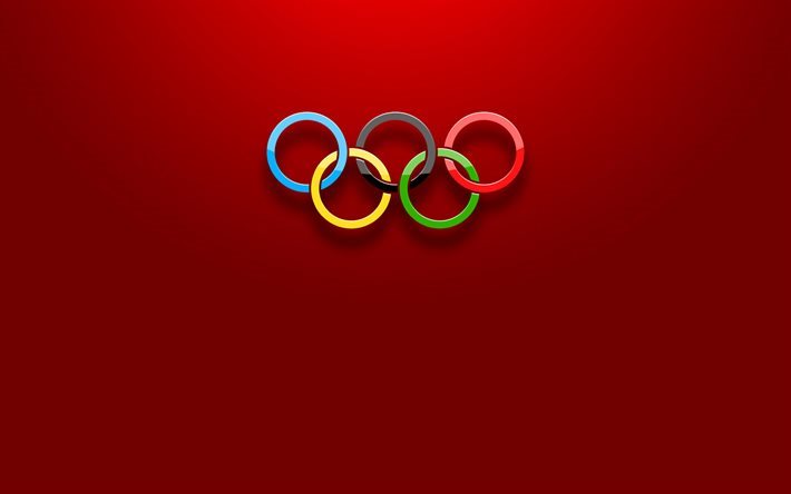 Les anneaux olympiques, minimal, olympiade, arri&#232;re-plan rouge