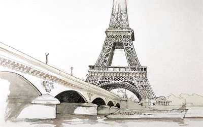 Parigi, il disegno, la Torre Eiffel, il Ponte di Jena, Senna, monumenti, dipinti con matite Parigi, la citt&#224;