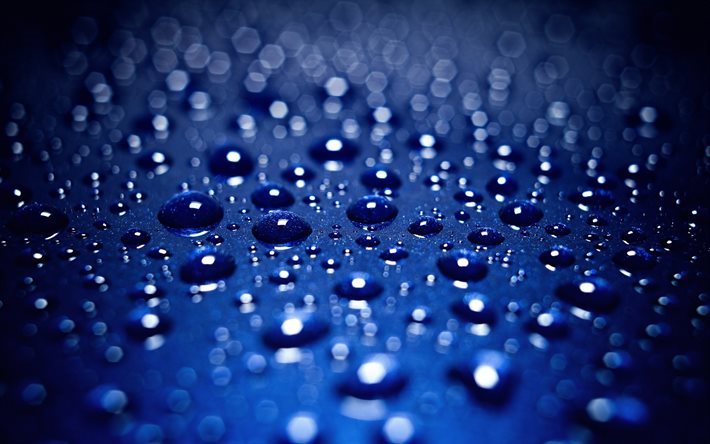 water drops, drops of blue, blue surface, drops
