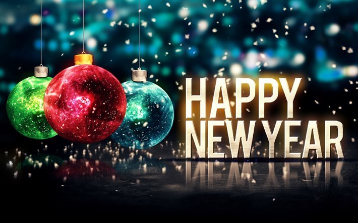 Feliz Ano Novo, bolas coloridas, brilho, 2017 Ano Novo