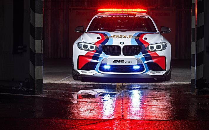 BMW M2 Coupe, garage, 4K, 2017 cars, MotoGP Safety Car, flashers, sportcars