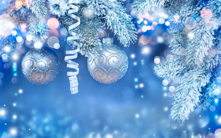 New Year, Christmas balls, Blue Christmas Background