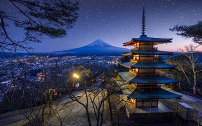 Fuji-Vuori, japanilainen temppeli, nightscapes, vuoret, kerrostulivuori, Fujisan, sumu, Fujiyama, Aasiassa, japanilainen maamerkkej&#228;, Japani