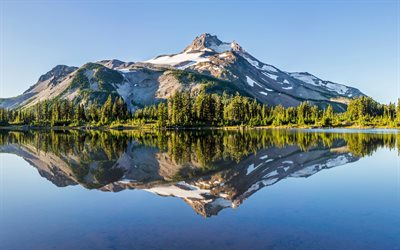 belo lago, paisagem de montanha, manh&#227;, primavera, montanhas, Oregon, EUA