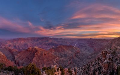 Navajo Point, Grand Canyon, sera, tramonto, montagne rosse, Arizona, paesaggio di montagna, stati UNITI