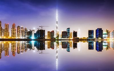 Dubai, noite, arranha-c&#233;us, Burj Khalifa, paisagem urbana de Dubai, horizonte de Dubai, Emirados &#193;rabes Unidos