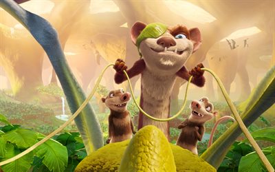 2022, the ice age adventures of buck wild, p&#243;ster, materiales promocionales, personajes principales, orson, manny, sid