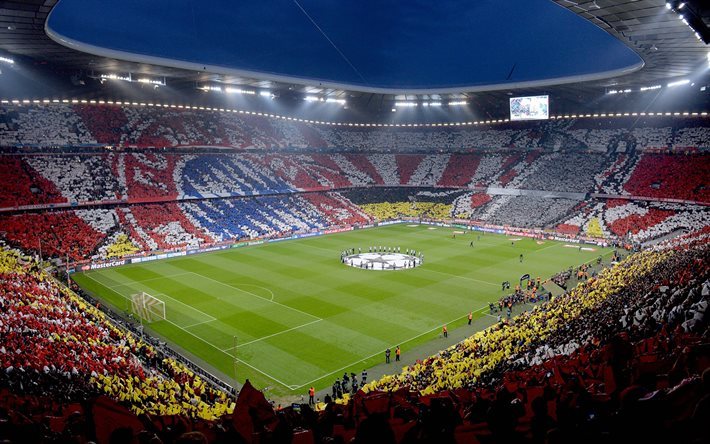 fotboll, stadium, Allianz Arena, FC Bayern Munchen, fotbollsplanen, Tyskland, UEFA Champions League
