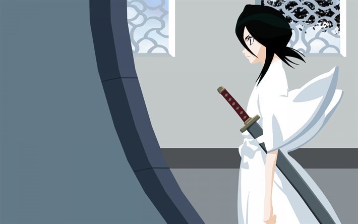 Kuchiki Rukia, 4k, kimono, el manga, la espada, el Cloro