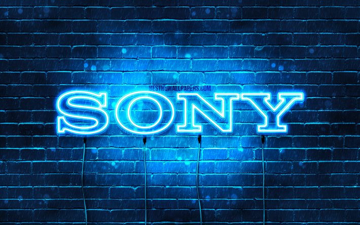 Sony azul do logotipo, 4k, azul brickwall, Log&#243;tipo Sony, marcas, Sony neon logotipo, Sony