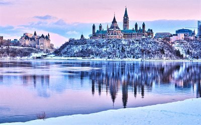 Parliament Hill, winter, canadian cities, cityscapes, Ottawa, Canada, North America, HDR