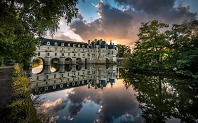 Cher-joki, Chateau de Chenonceau, Loiren laakso, ranskalainen linna, ilta, auringonlasku, Ranskan linnat, vanha linna, Ranska