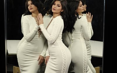 Kylie Jenner, vestido branco, sess&#227;o de fotos, Modelo americano, morenas, mulher bonita