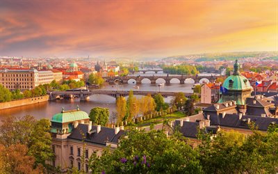 Prag, Vltava flod, Charles Bridge, Manes Bridge, broar, kv&#228;ll, solnedg&#229;ng, Prag stadsbild, Tjeckien
