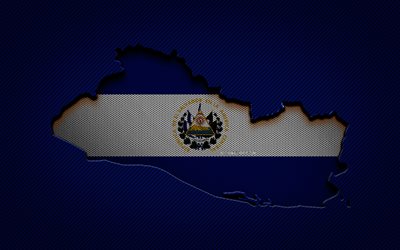 El Salvador mappa, 4k, paesi del Nord America, bandiera salvadoregna, sfondo blu carbonio, sagoma mappa El Salvador, bandiera El Salvador, Nord America, mappa salvadoregna, El Salvador, bandiera di El Salvador