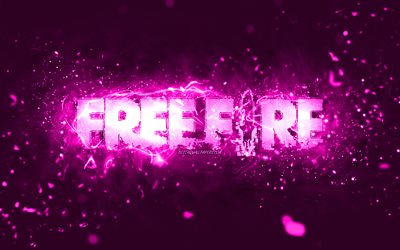 garena free fire lila logo, 4k, lila neonlichter, kreativ, lila abstrakter hintergrund, garena free fire logo, onlinespiele, free fire logo, garena free fire