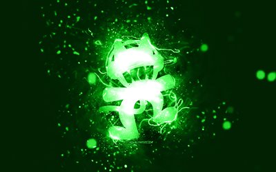 Monstercat logo verde, 4k, Dj canadesi, luci al neon verdi, creativo, sfondo astratto verde, logo Monstercat, stelle della musica, Monstercat