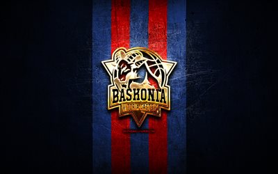 Saski Baskonia, logo dorato, ACB, sfondo blu metallo, squadra spagnola di basket, logo Saski Baskonia, basket, Baskonia Vitoria-Gasteiz