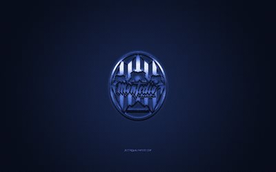 Montedio Yamagata, japansk fotbollsklubb, bl&#229; logotyp, bl&#229; kolfiberbakgrund, J2 League, fotboll, Tendo, Japan, Montedio Yamagata logotyp