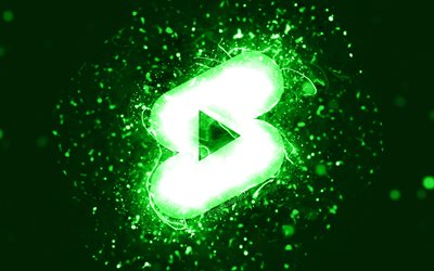Youtube şort yeşil logo, 4k, yeşil neon ışıklar, yaratıcı, yeşil soyut arka plan, Youtube şort logosu, sosyal ağ, Youtube şort