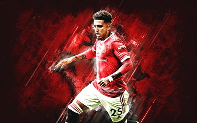Jadon Sancho, Manchester United FC, giocatore di football inglese, sfondo di pietra rossa, Sancho Manchester United, calcio
