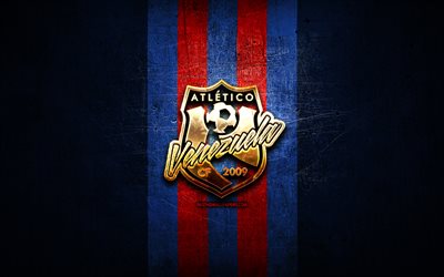 Atletico Venezuela FC, logo dorato, La Liga FutVe, sfondo blu, metallo, calcio, squadra di calcio del Venezuela, logo dell&#39;Atletico Venezuela, Primera Division Venezuelana, Atletico Venezuela CF