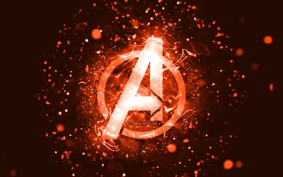 Avengers oranssi logo, 4k, oranssit neonvalot, luova, oranssi abstrakti tausta, Avengers logo, supersankarit, Avengers
