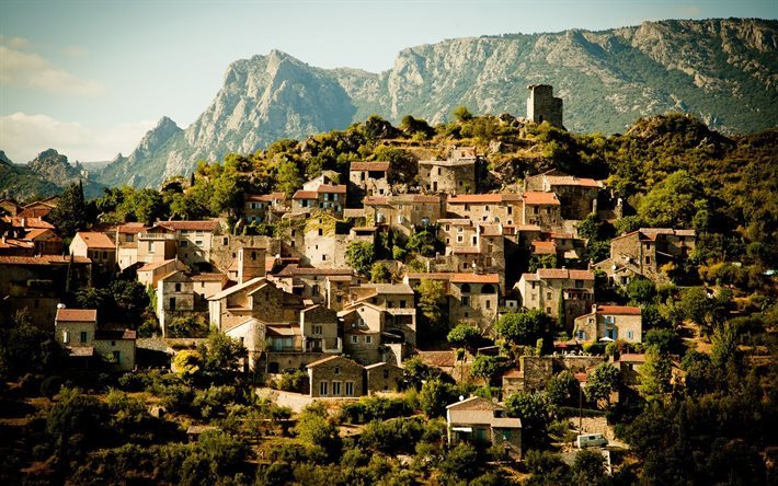 France, town, mountains, houses, summer