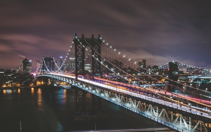 America, New York, bridges, night, USA, nightscape