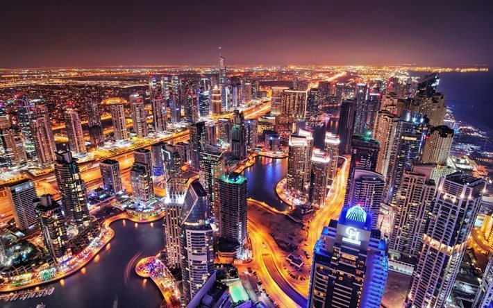 dubai, skyline, vereinigte arabische emirate, wolkenkratzer, nightscape