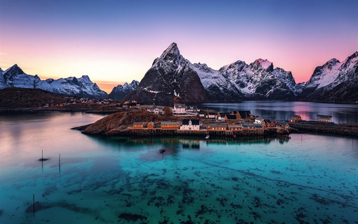 Lofoten islands, mountains, sunset, sea, Norway, fjord, village