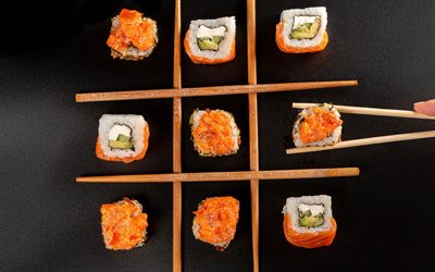 sushi, japansk mat, sushi p&#229; bordet, sushi i Kalifornien, urval av sushikoncept, olika sushi