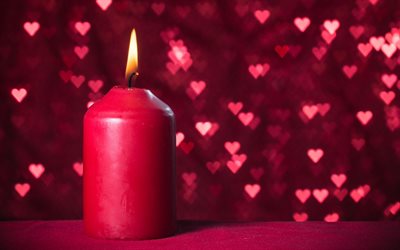 candela accesa, sfondo romantico, sfondo rosa, grande candela rosa, sfondo con cuori rossi