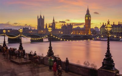 Palace of Westminster, London, Houses of Parliament, River Thames, Westminster Bridge, Westminster Abbey, evening, sunset, England