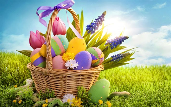 Easter, basket, Easter eggs, spring, green grass
