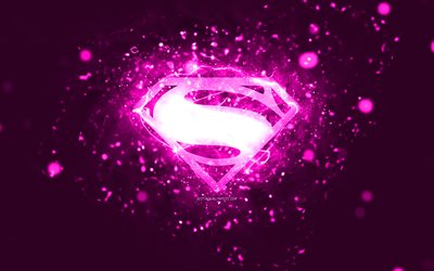 logo superman viola, 4k, luci al neon viola, sfondo astratto creativo, viola, logo superman, supereroi, superman