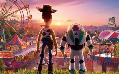 Toy Story 4, 2019, 4k, material promocional, el cartel, el Sheriff Woody, Buzz Lightyear